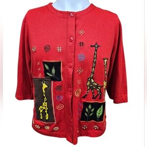 🦒 Onque Casuals Red Giraffe Embroidered‎ Button Front Cardigan Top Women’s M